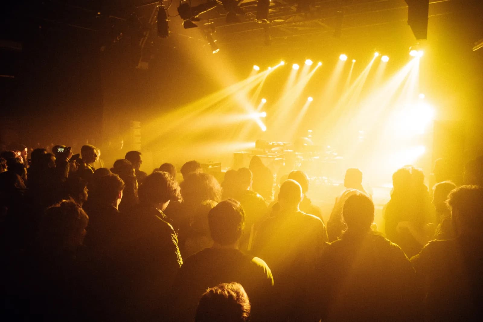 Audience silhouettes beneath golden concert lighting