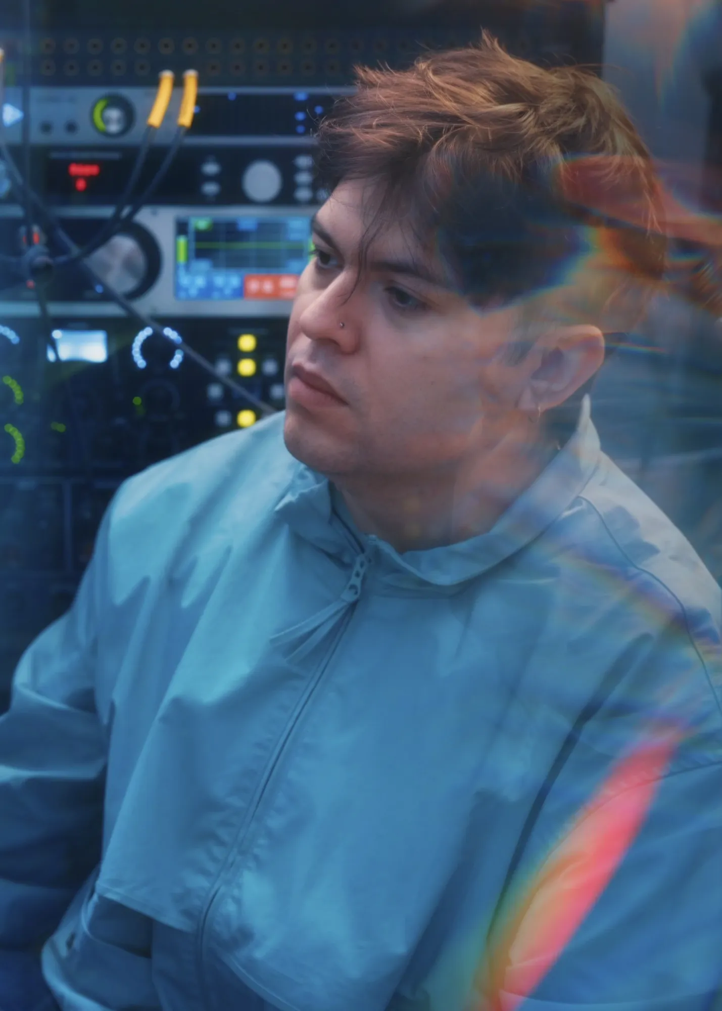 A portrait of Nil Elses with blue tones and rainbow light reflections